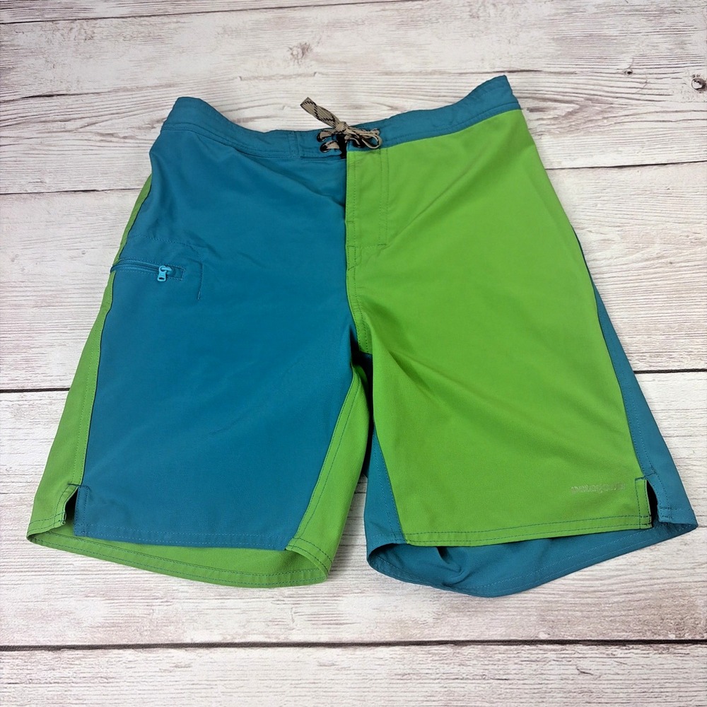 Patagonia Colorblock Board Shorts Boy's XXL Green Blue Drawstring Swim Trunks